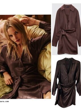 Zara Brown Cush satin wrap dress